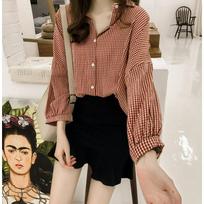 Early Autumn Women's Hong Kong Style Loose BF Lantern Sleeve Plaid Shirt Women's Long-sleeved Blouse Shirt Jacket Trend M raudona