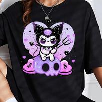 26 New Cute Personality Kuromi Dark Print Short Sleeved Summer Womens Plus Size Tshirt Trendy Loose Casual Versatile Top S