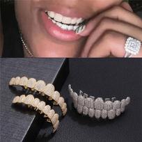 Lediniai Cirkonio Akmenukų Dantų Grillz Viršutinis Apatinis Cirkonio Dantų Dangteliai Moterims Vyrams Papuošalai Šventės Dovana 10/10 Sidabriniai auksas