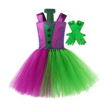 Halloween Joker Role Playing Kids Girl Green Dress Glove Set For Party S 2-3Y