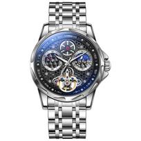 Dulunwe Tourbillon laikrodis Vyriški automatiniai laikrodžiai Šviečiantys vandeniui atsparūs mechaniniai mėnulio fazės nerūdijančio plieno / odiniai vyriški rankiniai laikrodžiai Steel Strip juoda/sidabras