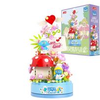 Smurfs Love Letter Music Box Building Blocks Rotating Music Box Model Bricks Desktop Ornaments Kids DIY Toys Holiday Gifts