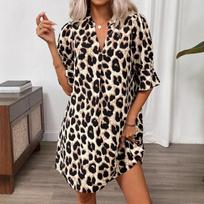European & American Women's Leopard Print Hollow-Out Collar Casual Mini Dress M gėlių rašto spalva