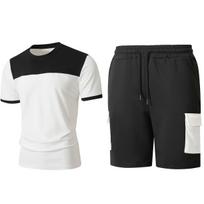Men Color Block Casual Round Neck Short Sleeve T Shirt Cargo Shorts Two Piece Set S balta