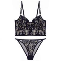 Luxury French Lace Suspender Bra & Underwear Set with Embroidery for Women S black