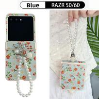 Floral Glitter Leather Wrist Strap Phone Case for Motorola Razr 60 50 Ultra Mooto Razr 60 Pro Shockproof Cover Motorola Razr 60 Ultra mėlyna