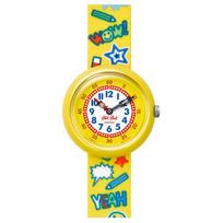 SWATCH Flik Flak Feifei serijos kvarcinis mechanizmas 30 metrų atsparumas vandeniui vaikiškas šveicariškas laikrodis 31,85 mm geltonas ciferblatas plastikinis korpusas audinio dirželis FBNP134 kvarcas