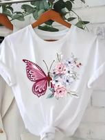 Women'S Crew Neck T-shirt with Geometric Butterfly and Floral Print Light Luxury and Simplicity Style Suitable for All Seasons S gray