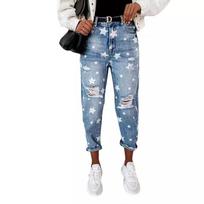 Boyfriend Jeans Woman Slim Hole Jeans for Ladies with Five-Pointed Star Ripped Jeans Street Casual Blue Denim Pants L