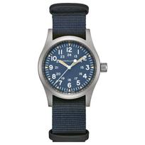 HAMILTON Khaki Land War Series Mechanical Movement 50 Meters Waterproof Men's Swiss Watch 38mm Blue Dial Stainless Steel Case Fabric Strap H69439940 mėlyna