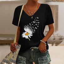 Women's T Shirt Butterfly Dandelion Basic Short Sleeve V Neck Regular Tops Weekend Print Black Pink Blue Purple Green Summer S brown