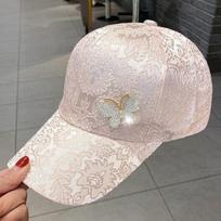Hat Women's Spring and Summer Hat Rhinestone Butterfly Gold Silk Cotton Women's Baseball Cap Sunscreen Breathable Cap Adjustable 58-60 white
