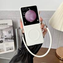 For Samsung Galaxy Z Flip 7 Case Luxury PU Leather Lanyard Magnetic wireless charging Protect Back Cover Case For Z Flip 7 6 5 4 Galaxy Z Flip7 balta