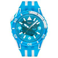 SWATCH SCUBAQUA serijos kvarcinis mechanizmas 100 metrų atsparumas vandeniui vyriškas laikrodis 44mm mėlynas ciferblatas keraminis biosaugos medžiagos korpusas silikoninis dirželis SSCU09S100 jūros banga