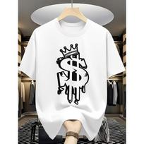 European sizes Men's Retro Hip Hop T-Shirt - White Round Neck Streetwear Tee with Geometric Patterns & Hip Hop Patch 4XL balta
