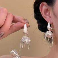 1Pair French Romantic Pearl Fringed Earrings Women's Pendant, Romantic Imitation Pearl Fringed Earrings