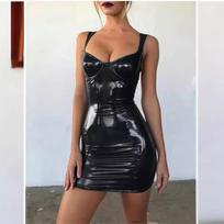 Seksuali naktinio klubo Bungee šokinėjimo ryški petnešėlė Juosmenį liekninanti PU odinė petnešėlės suknelė Krepšys Klubų sijonas XS juoda