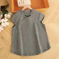 Women Summer Casual Gingham Print Top Mandarin Collar Short Sleeve Shirt M juoda