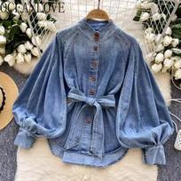 Džinsiniai marškiniai&blizgučiai Moteriški viršutiniai drabužiai Ruduo Pavasaris Žibintų rankovės Retro Vienspalviai Stovintis apykaklė Susiuvimas Stilingi Camisas XS šviesiai mėlyna spalva