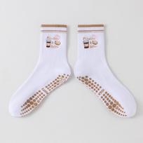 New Cotton Pilates Socks Harajuku Street Sweat-absorbent Cherry Embroidery Socks Casual Non-Slip Grip Mid Tube Socks One Size chaki