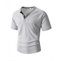 Mens Casual Solid Round Neck Short Sleeve Henley T Shirt S pilka