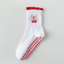 New Cotton Pilates Socks Harajuku Street Breathable Cherry Embroidery Socks Casual Non-Slip Grip Mid Tube Socks 35-39