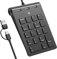 "2-in-1 Numpad" laidinis ir USB šakotuvas su USB-C ir USB-A kabeliais, ergonomiškas 15° skaitmenų bloknotas su 3 USB 2.0 šakotuvu, 18 klavišų skaitmenų klaviatūra "MacBook/Laptop/iPad/PC/Windows/MacOS", juoda USB-C skaitmenų klaviatūra