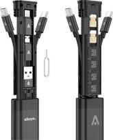 "Alkaya" kelioninių adapterių rinkinys - aliuminio korpusas su USB-C kabeliu ir visų prievadų adapterių jungtimis (USB-A, "Lightning", "Micro USB") | Daugiafunkcinis | Komplekte yra SIM kortelės adata | Juoda