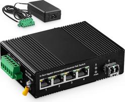 "Binardat" 5 prievadų Gigabit PoE DIN Rail pramoninis Ethernet komutatorius, 4 PoE IEEE802.3af/at, 1 SFP prievadas su 20 km LC moduliu, su 60 W PoE maitinimo šaltiniu