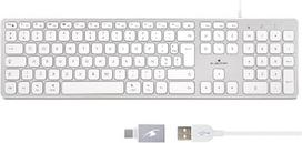 "Bluestork" QWERTY laidinė "Mac" klaviatūra, įgaubti ir tylūs klavišai su Ñ, 13 multimedijos nuorodų, USB/USB-C adapteris - balta
