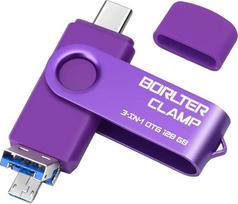 "BorlterClamp" 128GB "3-in-1" USB atmintinė "Android" telefonams, OTG USB 3.0 atmintinė su trimis prievadais (C tipo/MicroUSB/USB-A), skirta "Samsung Galaxy", nešiojamiesiems kompiuteriams ir kitiems įrenginiams (violetinė)