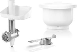 "Bosch BakingSensation MUZS2BS" priedų rinkinys, mėsmalė, plastikinis dubuo, sausainių priedas, nerūdijančio plieno skylučių diskas, 4 kepinių variantai, tinka 2 serijos virtuviniams kombainams