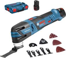 "Bosch Professional" 12 V sisteminis akumuliatorinis daugiafunkcinis pjūklas GOP 12 V-28 ("Starlock" įrankių laikiklis, įskaitant 3,0 x Ah akumuliatorių + greitąjį įkroviklį, 1 x "Delta" šlifavimo plokštę, 5 x šlifavimo lakštus, 3 x giluminį pjūklo diską,