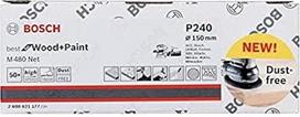 "Bosch Profi" 2608621174 Šlifavimo lakštas M480 Geriausias medienai ir dažams, medienai ir dažams, grūdėtumas P150, priedai atsitiktinių orbitinių šlifuoklių šlifavimui, Ø 150 mm, rinkinį sudaro 50 vnt.