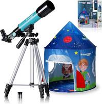 "Bresser Junior Lens" teleskopas 50/360 vaikams - pradinis astronomijos rinkinys su palapine, refraktoriaus teleskopu, trikoju, azimuto laikikliu, okuliarais ir zenitiniu veidrodžiu, mėlynas