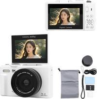 "BuyWeek" skaitmeninis fotoaparatas 5K 75MP su "WiFi", 18 kartų priartinimo automatinio fokusavimo HD vaizdo kamera su 3 colių 180° apverčiamu ekranu, makroskopiniu plačiakampiu objektyvu, LED užpildymo šviesa, grožio režimu, 32GB kortele (balta)