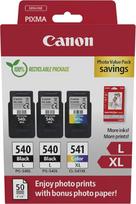 "Canon" PG-540XL x 2 / CL-541XL didelio našumo originalios rašalo kasetės, 3 vnt. (2 x juodos spalvos, 1 x spalvotos); įskaitant 50 lapų 4x6 "Canon" fotopopieriaus - kartono pakuotė