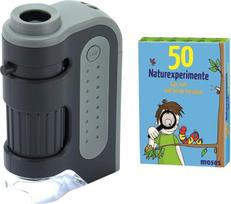 "Carson MicroBrite Plus" 60x 120x LED kišeninis mikroskopas su asferinių lęšių sistema (MM-300) ir "Moses" MOS21079 50 gamtos eksperimentų Išeikite ir tapkite tyrinėtojais! Vaikų užduočių kortelių rinkinys
