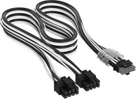 "Corsair Elite Premium Type 4" viengubo apvalkalo 2x 8 kontaktų ir PCIe 12V-2x6 600 W maitinimo šaltinio kabelis - trijų sluoksnių tinklinis paracord dizainas, plokščios kabelio šukos, suderinamas su 4 tipo maitinimo šaltiniais - juodas/baltas