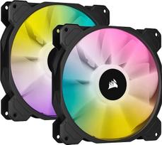 "Corsair iCUE SP140 RGB Elite Performance" 140 mm PWM ventiliatorius, 2 vnt., su "iCUE Lighting Node Core" (CORSAIR AirGuide technologija, aštuoni valdomi RGB šviesos diodai, tylus 18 dBA, iki 1200 aps/min), juodas
