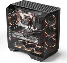 "darkFlash Full-Tower ATX žaidimų kompiuterio korpusas, iš galo prijungiama pagrindinė plokštė, dvi kameros, panoraminis stiklas, iki 2 x 360 mm radiatorių, suderinamas su RTX 40 (DY470) (1 PWM ARGB ventiliatorius, juodas)