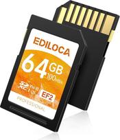 "Ediloca EF2 UHS-I" atminties kortelė 64GB, skaitymo greitis 100MB/s, įrašymo greitis 50MB/s, C10, U3, V30, "Full HD" ir 4K vaizdo įrašai, SD kortelė profesionaliems fotografams
