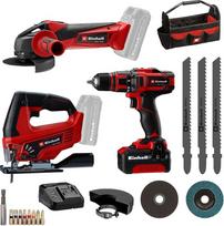 "Einhell" gręžtuvas TE-CD 18/40 Li + kampinis šlifuoklis TC-AG 18/115 Li + regztinis pjūklas TC-JS 18 Li Power X-Change (18 V, 1 x 4,0 Ah akumuliatorius, įkroviklis, dėklas)
