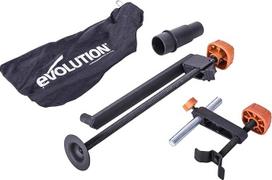 "Evolution Power Tools" R210SMS 210 mm įstrižojo pjūklo priedų pakuotėje yra 2 spaustuvai, dulkių maišelis ir siurbimo adapteris