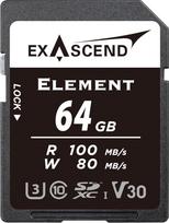"Exascend Element" 64GB SDXC UHS-I V30 atminties kortelė 4K UHD iki 100MB/s, UHS-I, 10 klasė, U3, V30 Fotoaparato SD kortelė (UHS-I V30 100MB/s, 64GB)