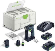 "Festool CXS 18C 3.0" akumuliatorinio gręžimo rinkinys su akumuliatoriumi + greitasis įkroviklis + magnetinis antgalių laikiklis + įrankio griebtuvas + kampinis tvirtinimas + griebtuvas be rakto + antgalių kasetė + antgalis + diržo spaustukas + dėklas