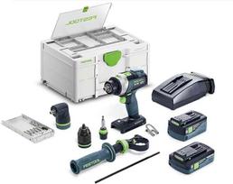 "Festool" akumuliatorinis smūginis gręžtuvas TPC 18/4 5.0/4.0 I rinkinys Quadrive (su akumuliatoriumi, greituoju įkrovikliu, įrankio griebtuvu, gręžimo griebtuvu be rakto, papildoma rankena, kampiniu priedu, grąžto kasete, grąžto antgaliu), dėkle