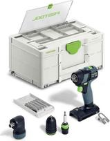 "Festool" akumuliatorinio gręžtuvo TXS 18 bazinis rinkinys, įskaitant magnetinį antgalių laikiklį + įrankio griebtuvą + kampinį priedą + gręžimo griebtuvą be rakto + antgalių kasetę + antgalį + diržo spaustuką + dėklą SYS3 DF M 187