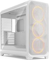 "Fractal Design Meshify 3 XL White Tempered Glass Clear Tint" - žaidimų kompiuterių korpusas - "Facet Mesh" priekinė dalis - trys "Momentum 14" ventiliatoriai - iki 512 mm ilgio GPU - E-ATX/ATX/mATX palaikymas