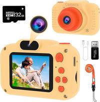 "GlobalCrown" vaikų fotoaparatas, mini įkraunamas vaikų skaitmeninis fotoaparatas, vaizdo kameros dovanos berniukams mergaitėms nuo 3 iki 9 metų, 12 MP HD vaizdo įrašas su dvigubu objektyvu, asmenukių fotoaparatas žaislas (32GB kortelė pridedama)